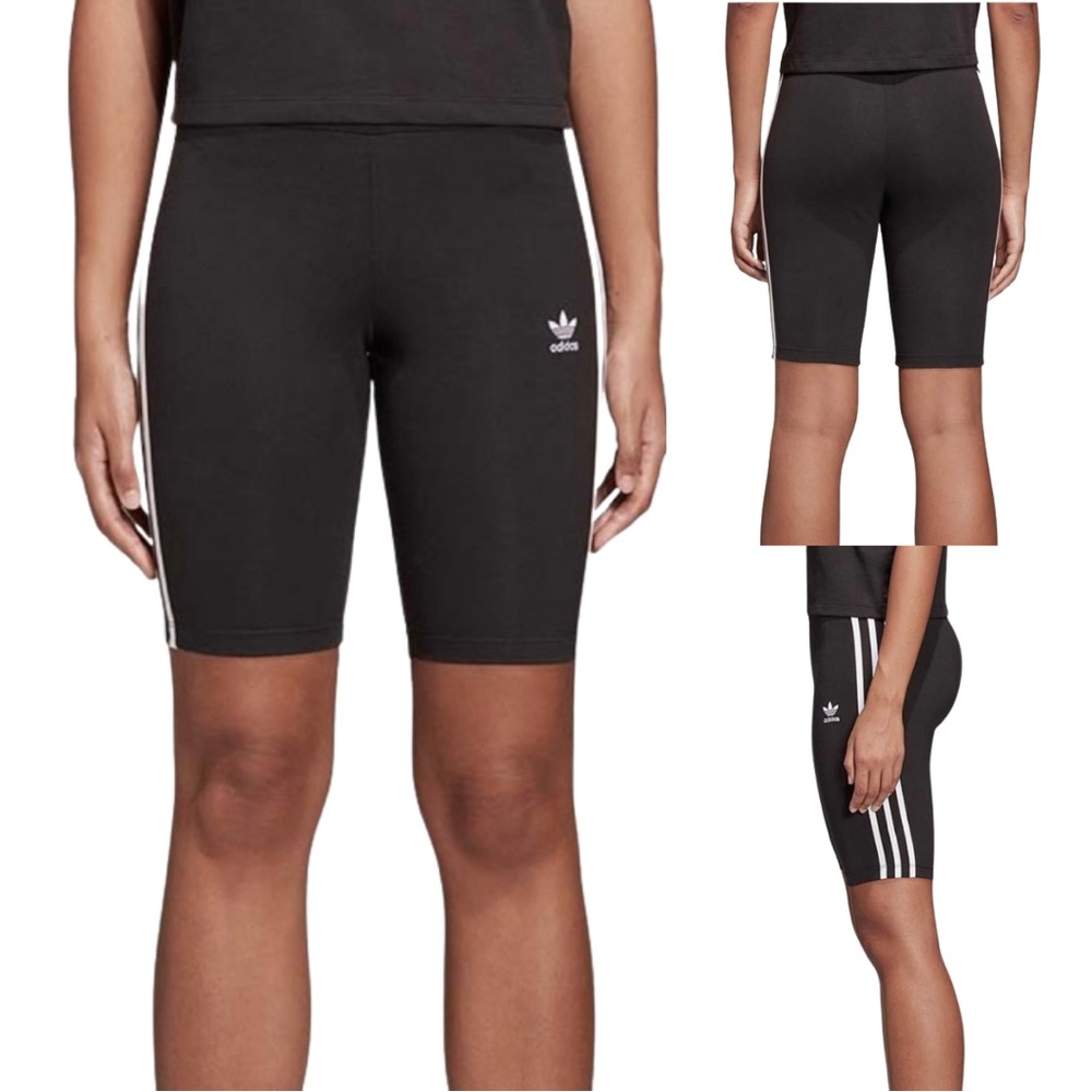 Adidas Originals Women's Black Bike Shorts with White Stripes - XL
